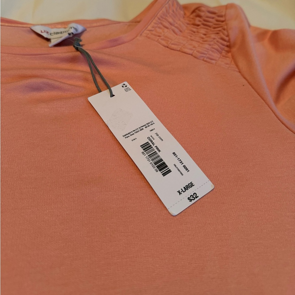 Liz Claiborne Peach Short Sleeve Top with Lace/Crochet Shoulder Detail - XL - Picture 5 of 8